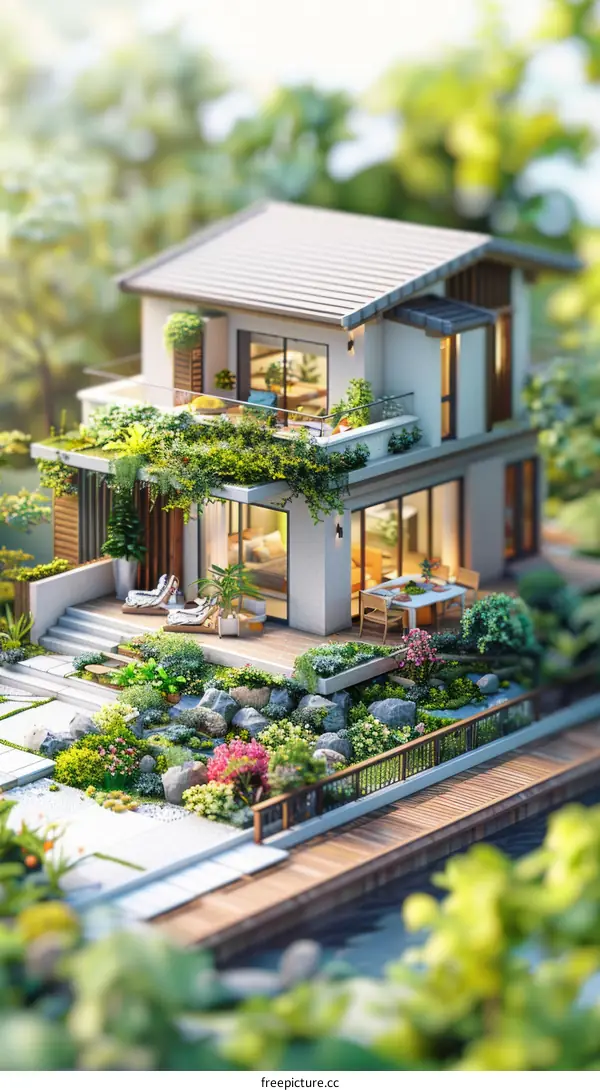 Modern House with Garden and River - 3D Rendering