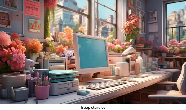 A computer desk with a large window and lots of flowers