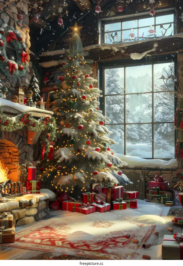 Cozy Christmas Cabin Interior with Fireplace