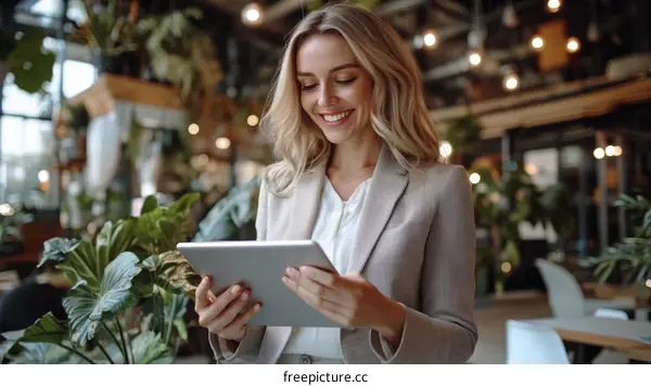 Smiling Business Woman Using Digital Tablet in Cafe