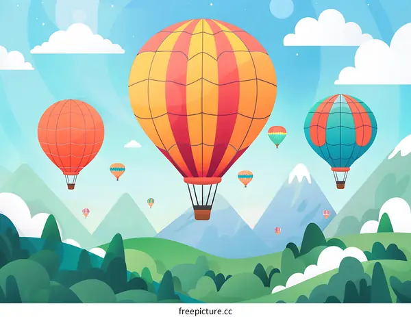 Colorful Hot Air Balloons Flying Over Green Hills And Mountains Illustration
