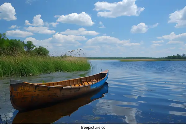 Wooden Canoe on a Calm Lake