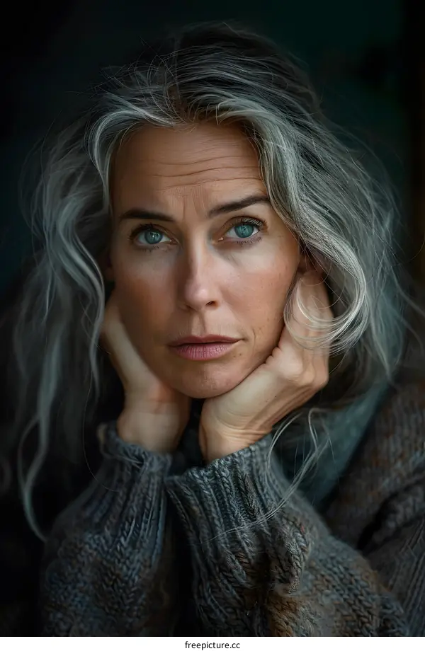portrait of a beautiful woman with gray hair and blue eyes