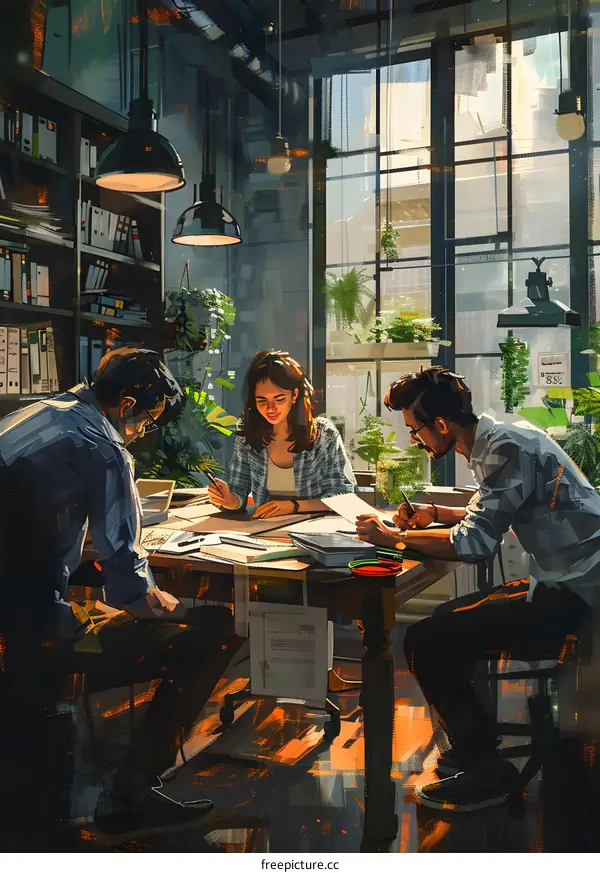 three people in the studio discussing work