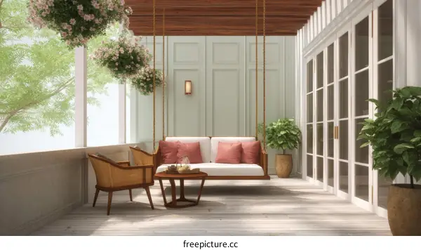 Elegant Outdoor Porch Swinging with Plants and Furniture