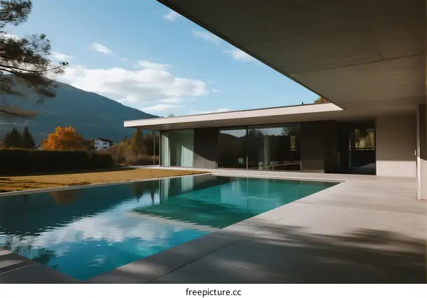 Modern minimalist house with infinity pool and mountain view