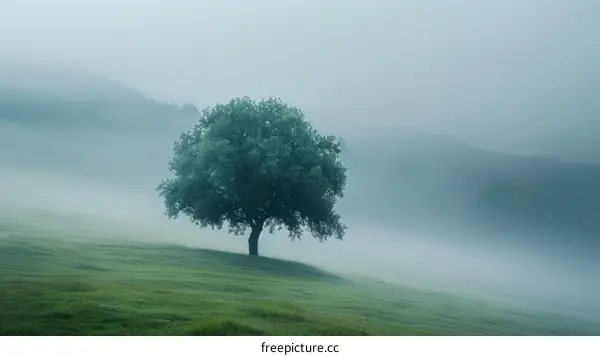 Solitary Oak Tree in a Misty Field