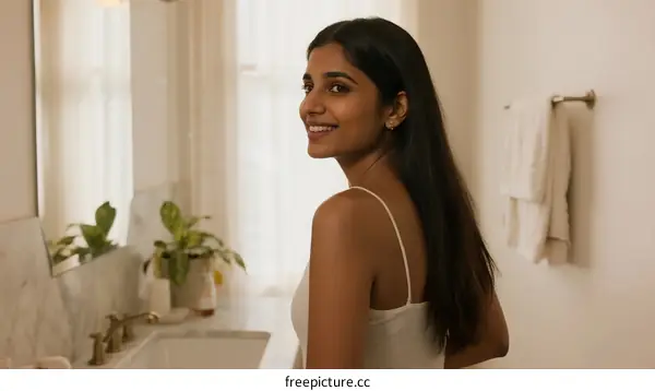 Young Indian Woman Standing in Bright Modern Bathroom