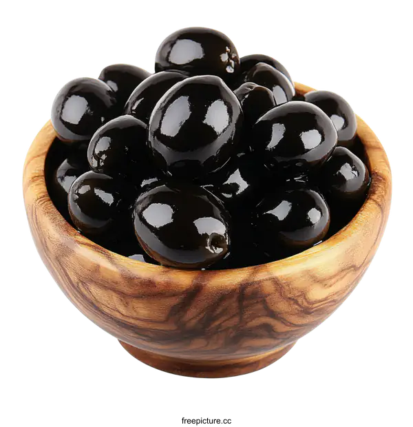 [Transparent Background PNG]Black Olives in Wooden Bowl Close-up