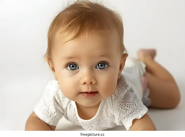 Cute Baby Girl With Big Blue Eyes Looking At Camera