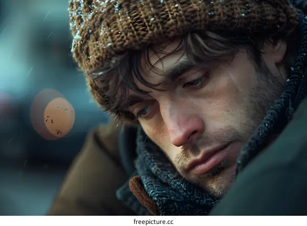 Portrait of a man with brown hair and blue eyes wearing a brown beanie