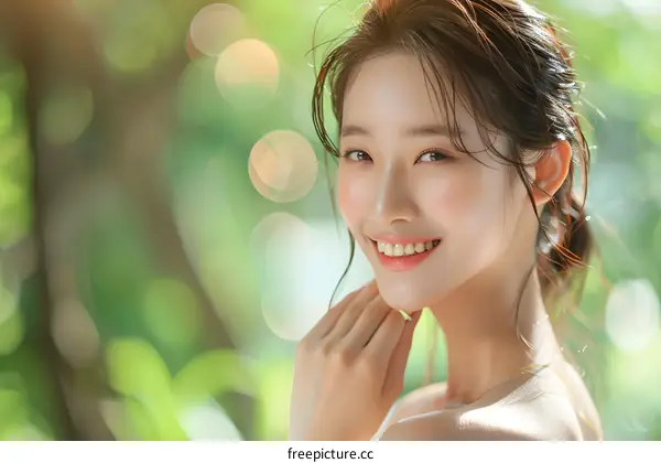 Beautiful Asian Woman Smiling in Green Nature Background