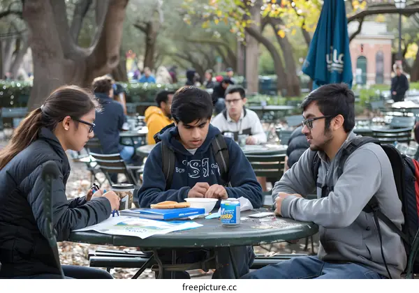 Three Students Sitting at a Table in a Park