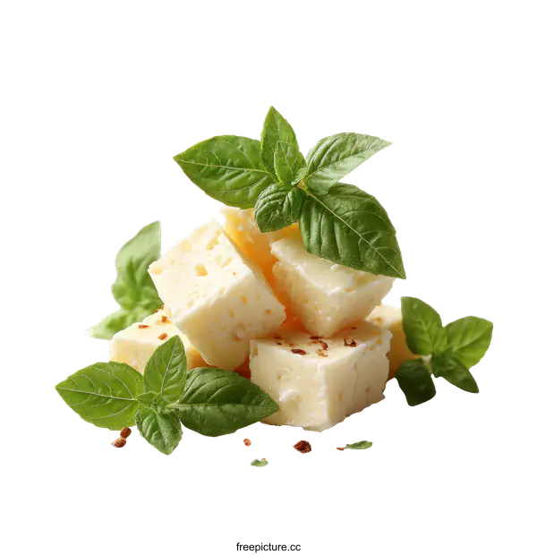 [Transparent Background PNG]Delicious Cured Cheese Cubes with Basil