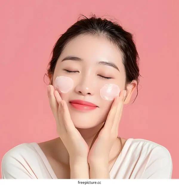 Beautiful Young Asian Woman Applying Face Cream with Closed Eyes on a Pink Background