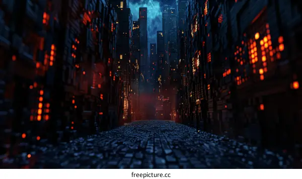 futuristic city street with glowing red lights and tall buildings
