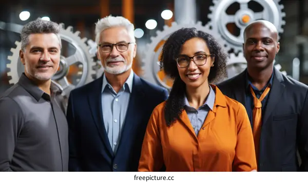 Multiethnic group of engineers posing in a factory