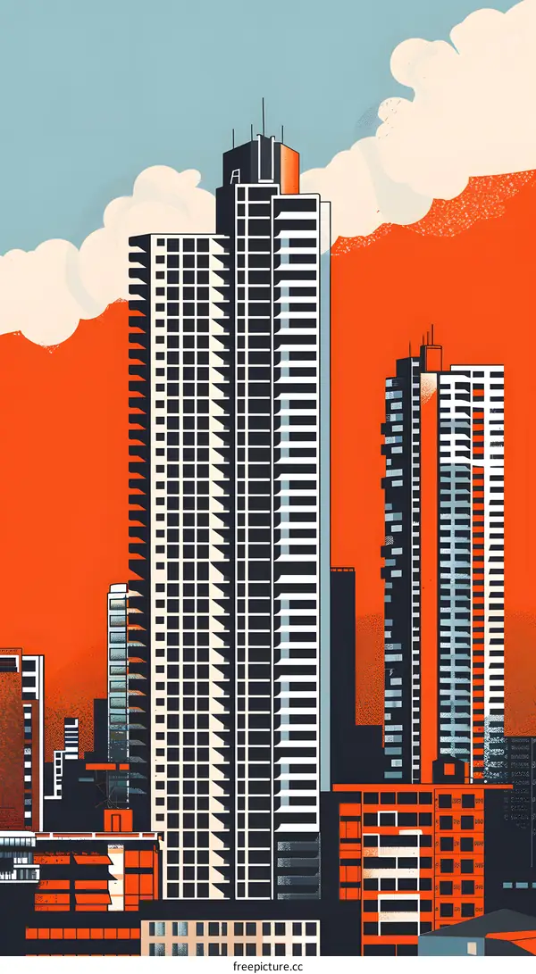 Cityscape With Tall Buildings And Orange Sky