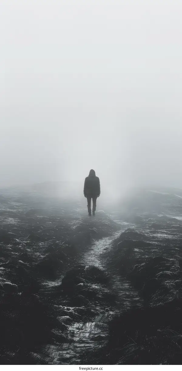 Man walking alone in the middle of a foggy field