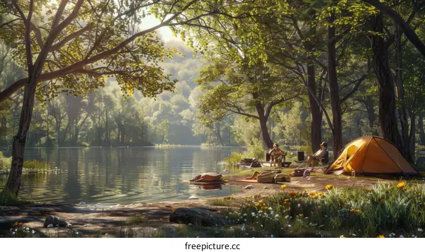 A couple camping in the woods near a lake