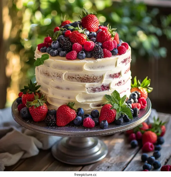 A delicious cake with fresh berries on top