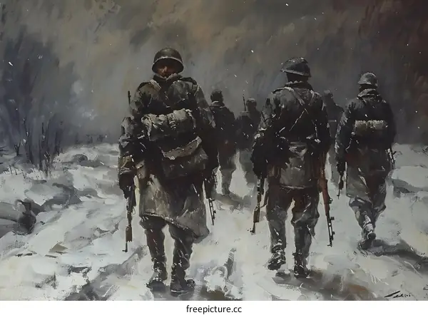 A group of soldiers walking through the snow in winter.