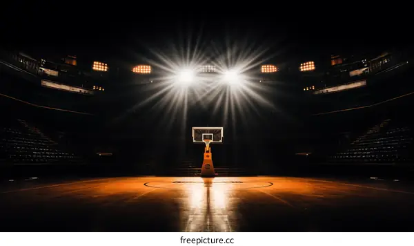 Empty Basketball Court Under Stadium Lights
