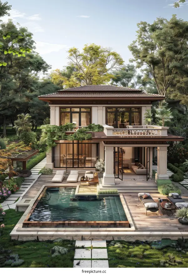 A luxurious mansion with a pool and a beautiful garden