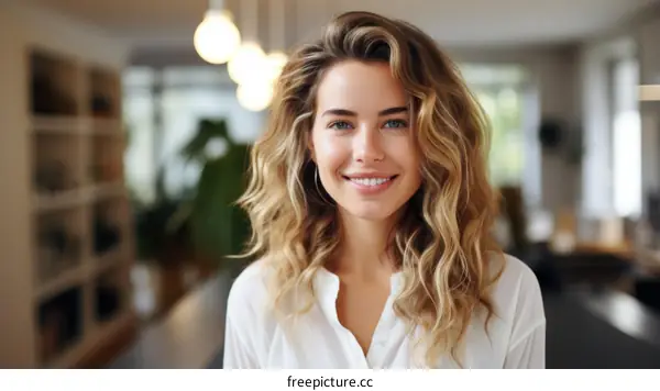 Portrait of a beautiful young woman with long blond hair smiling wearing a white shirt