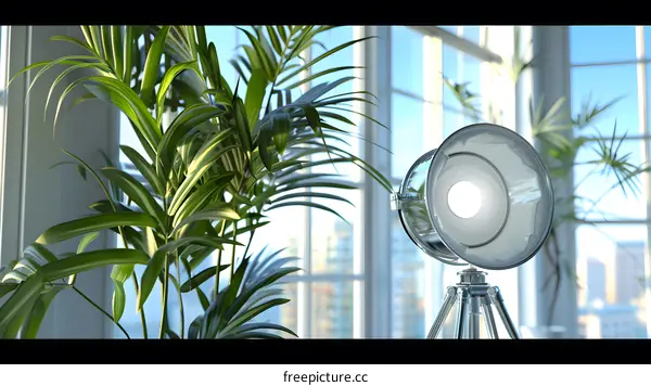 Modern Interior Design with Tripod Lamp and Green Plant