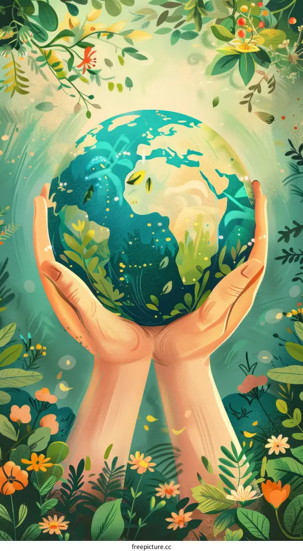 Hands Holding the Earth, Surrounded by Blooming Flowers