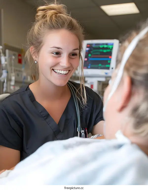 Smiling Nurse Caring for Patient in Hospital Room