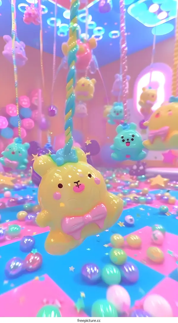 Cute Cartoon Bear Hanging In A Candy World