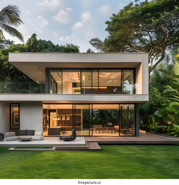 Modern Concrete House with Large Glass Windows and Outdoor Patio