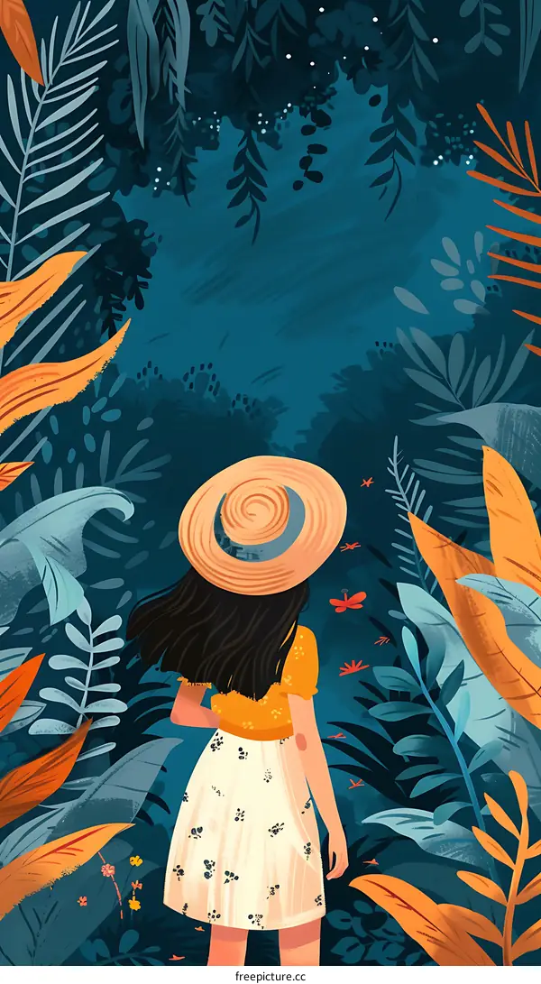 Girl in Summer Dress Walking in a Lush Tropical Forest