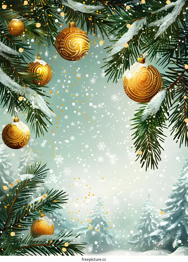 Christmas Tree With Ornaments And Snowflakes