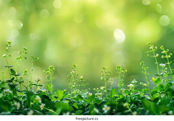 Small white flowers and green leaves with a blurred background of green leaves.