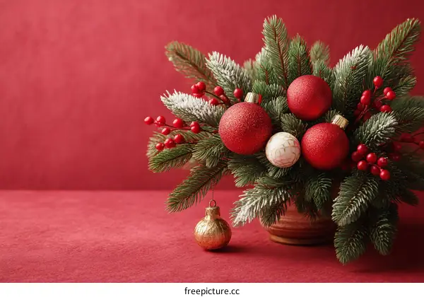 Christmas Decorative Arrangement on Red Background