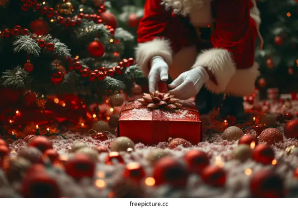 Santa Claus putting presents under the Christmas tree