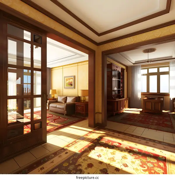 Modern Living Room Interior Design with Wooden Doors and Windows