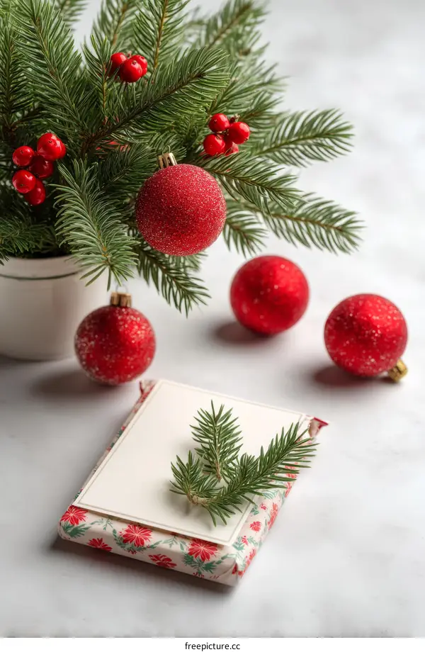 Christmas Gift with Fir Branches and Decorations