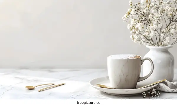 White Coffee Cup With Saucer On Marble Table