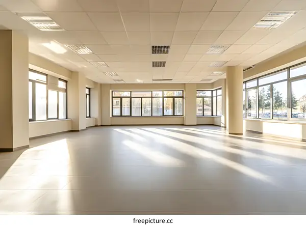 Empty Modern Office Space with Large Windows and Sunlight