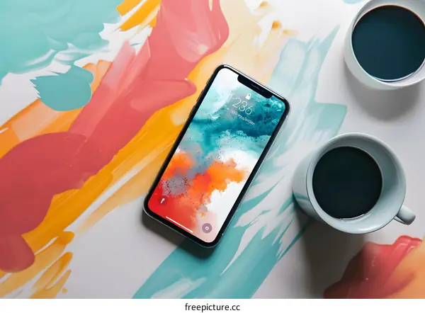 Phone with Colorful Abstract Background and Coffee