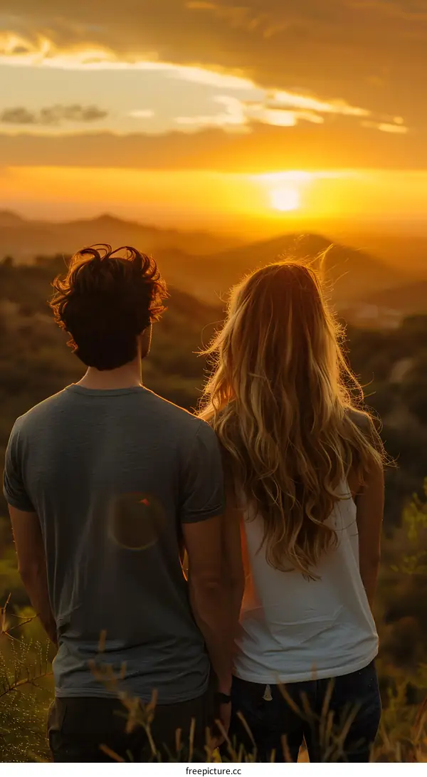 A couple is watching the sunset on a mountaintop.