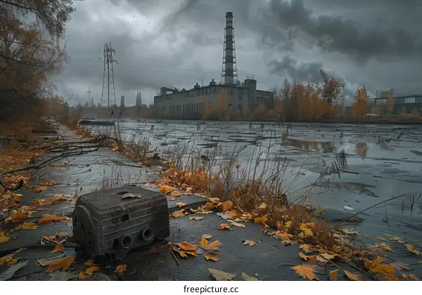 An abandoned factory in Chernobyl with a large body of water in front of it