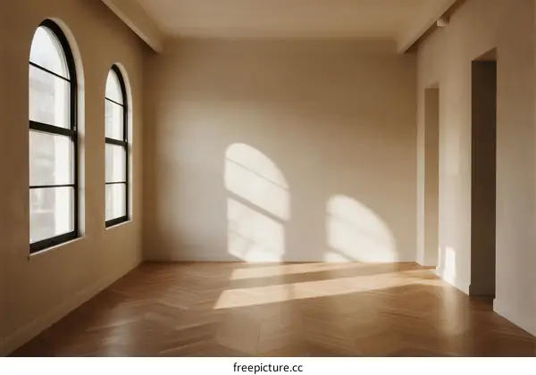Empty room with arched windows and wooden flooring receiving sunlight