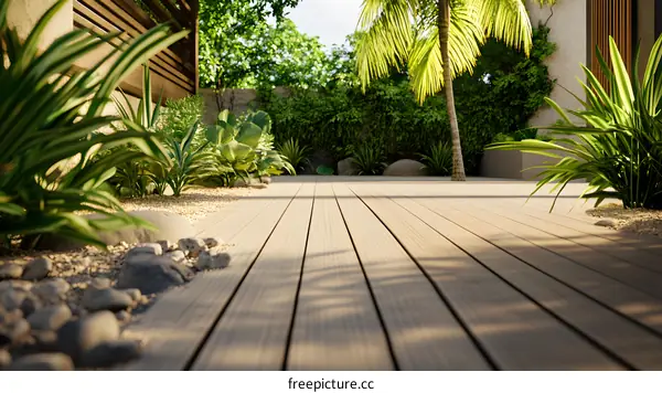 Tropical Garden Patio Design With Wooden Deck