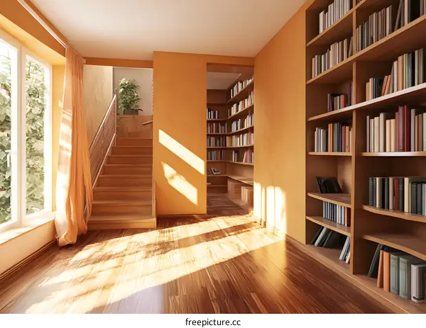 Modern Home Interior Design With Wooden Staircase and Bookshelf