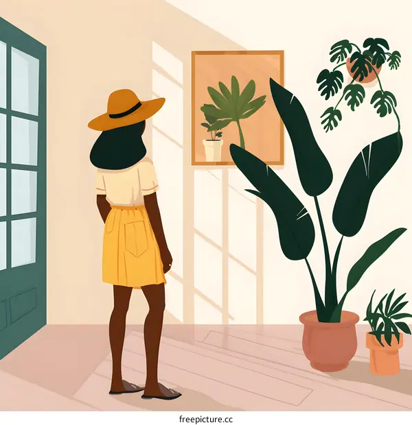 Woman in Yellow Skirt Looking at a Framed Plant Illustration
